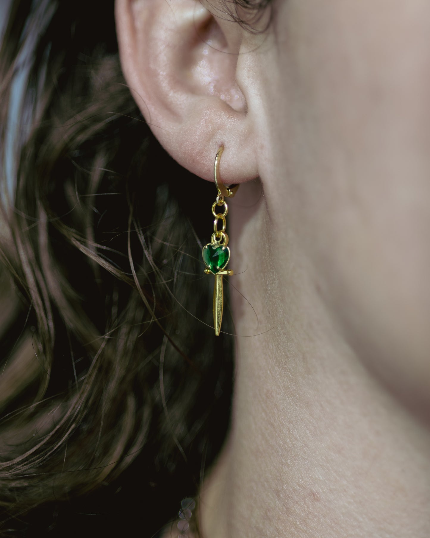 Gold Jeweled Dagger (Emerald) Earrings