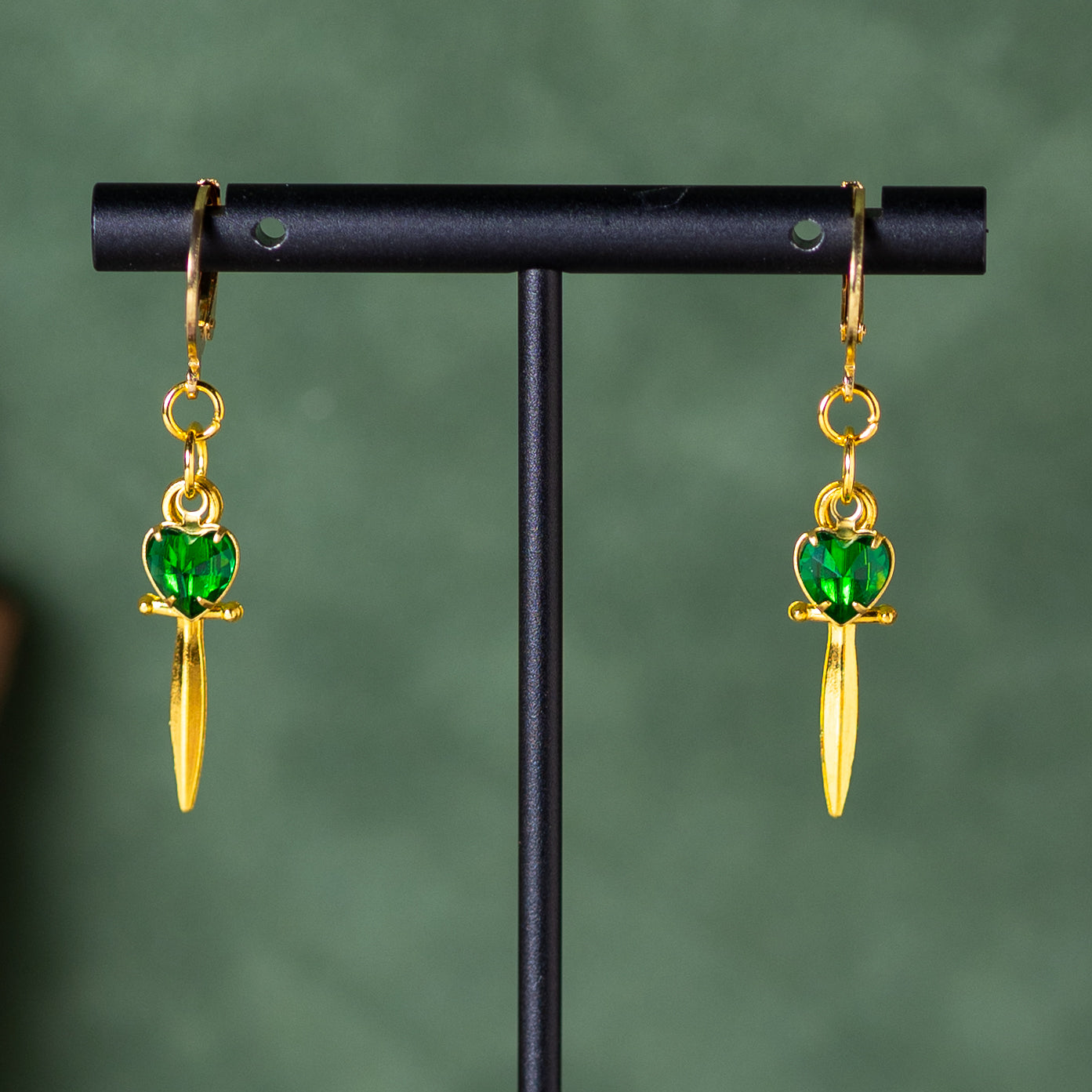 Gold Jeweled Dagger (Emerald) Earrings
