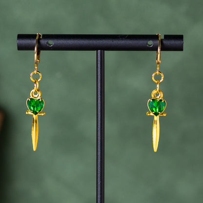 Gold Jeweled Dagger (Emerald) Earrings