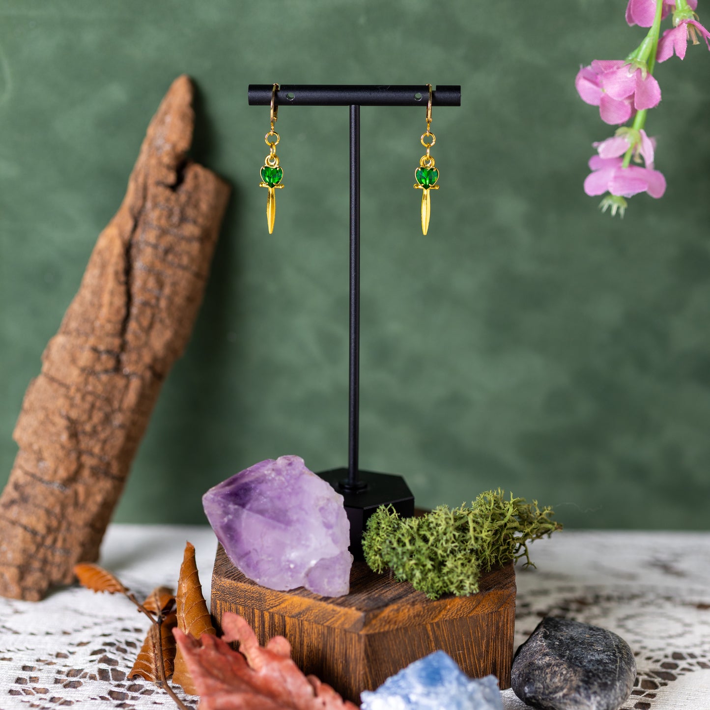 Gold Jeweled Dagger (Emerald) Earrings