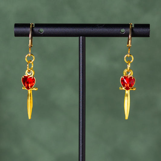 Gold Jeweled Dagger (Ruby) Earrings