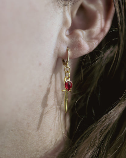 Gold Jeweled Dagger (Ruby) Earrings