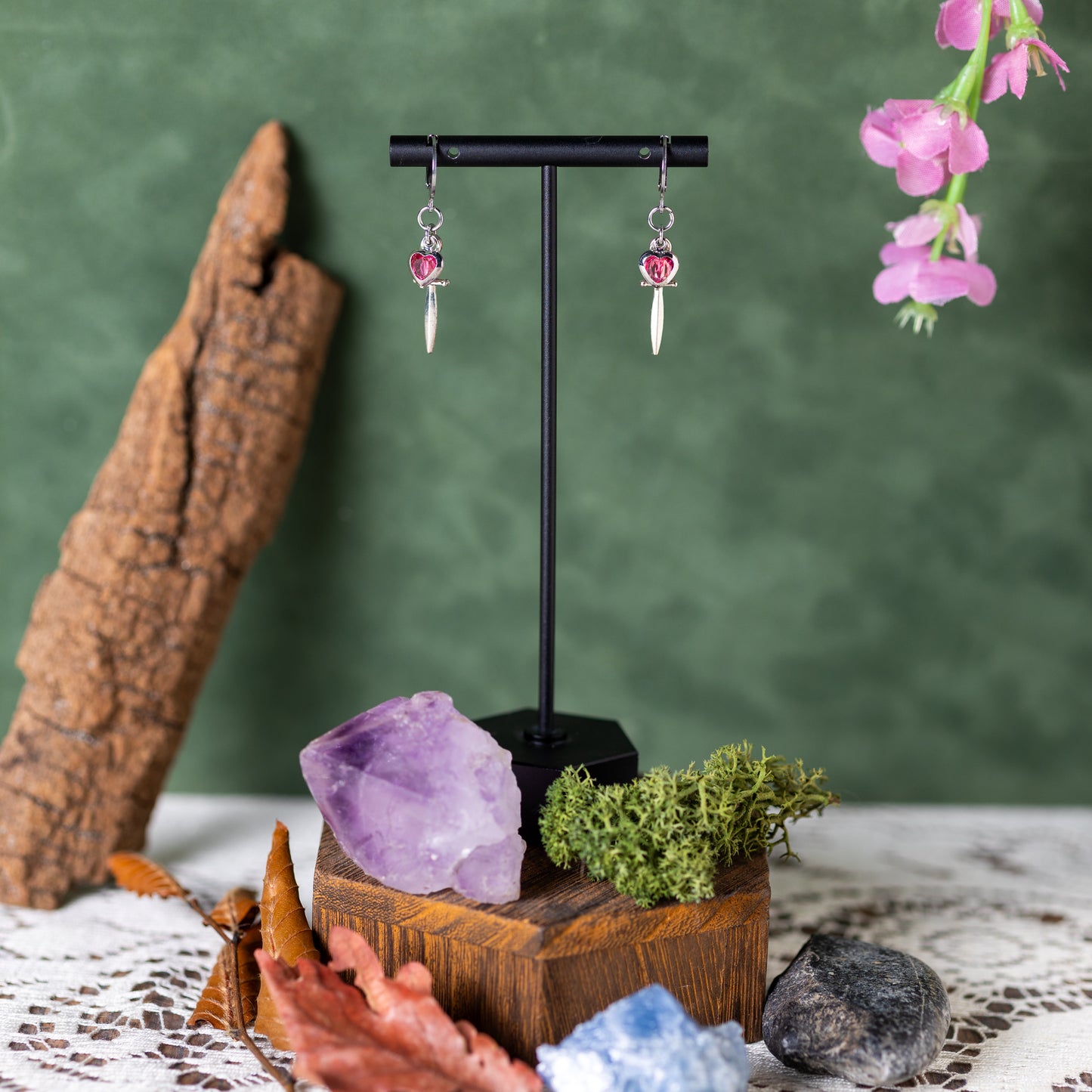 Silver Jeweled Dagger (Rose) Earrings