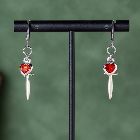 Silver Jeweled Dagger (Ruby) Earrings