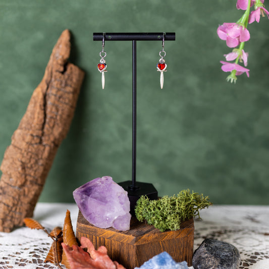 Silver Jeweled Dagger (Ruby) Earrings