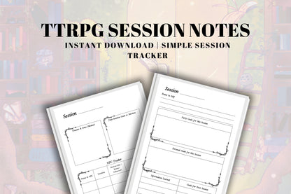 A graphic displaying the TTRPG Session Notes Product, Instant Download with simple session tracking, with 2 thumbnail photos of the journal pages on a library themed background.